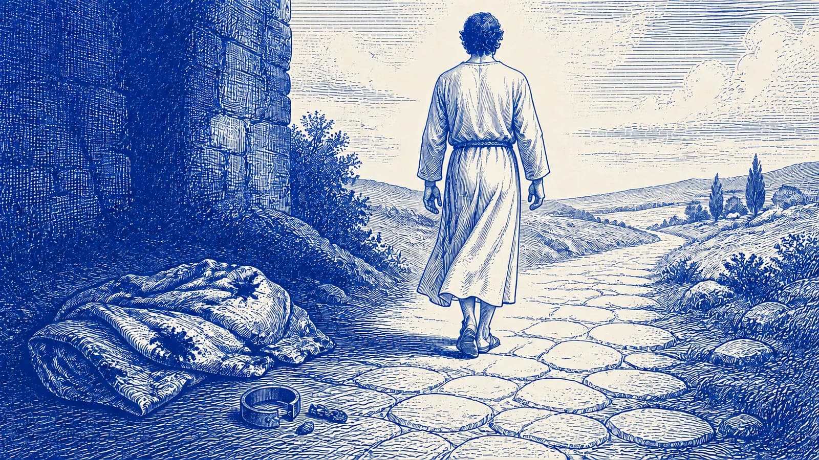 A person in clean clothing walks forward after leaving a stained garment and broken shackle behind