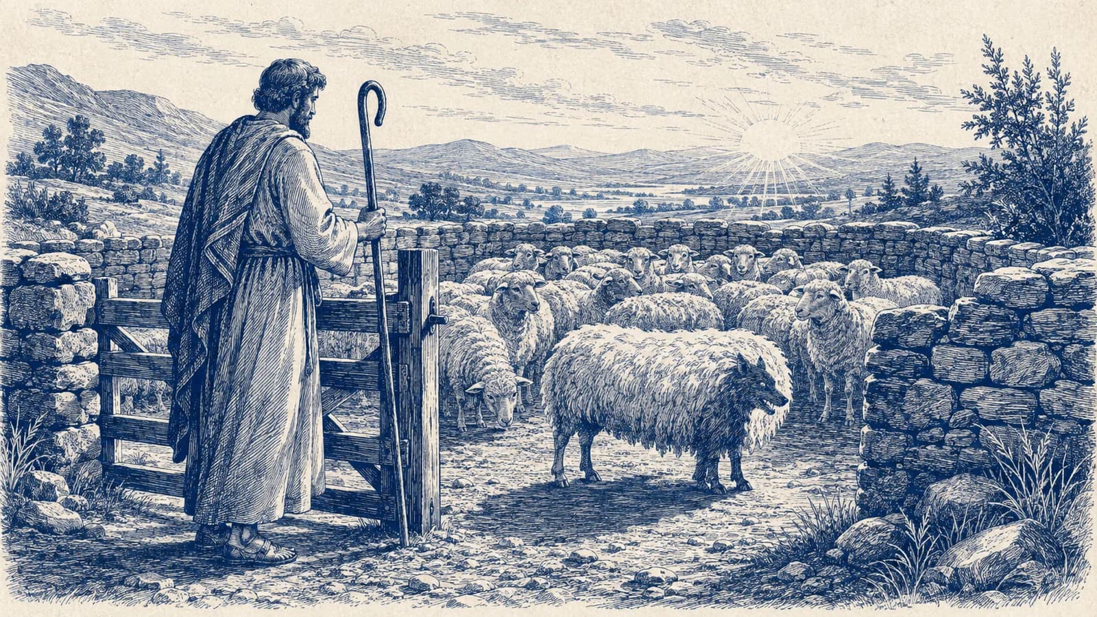A shepherd carefully watches a flock as a deceptive shadow appears among the sheep