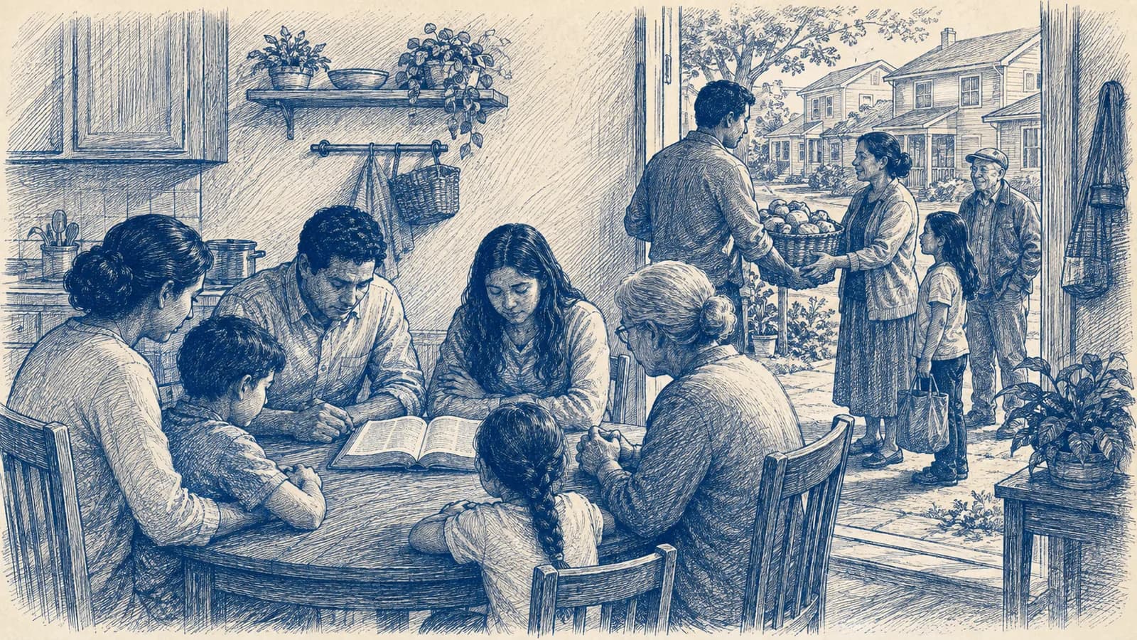 A modern family studies together at home and welcomes neighbors through an open doorway