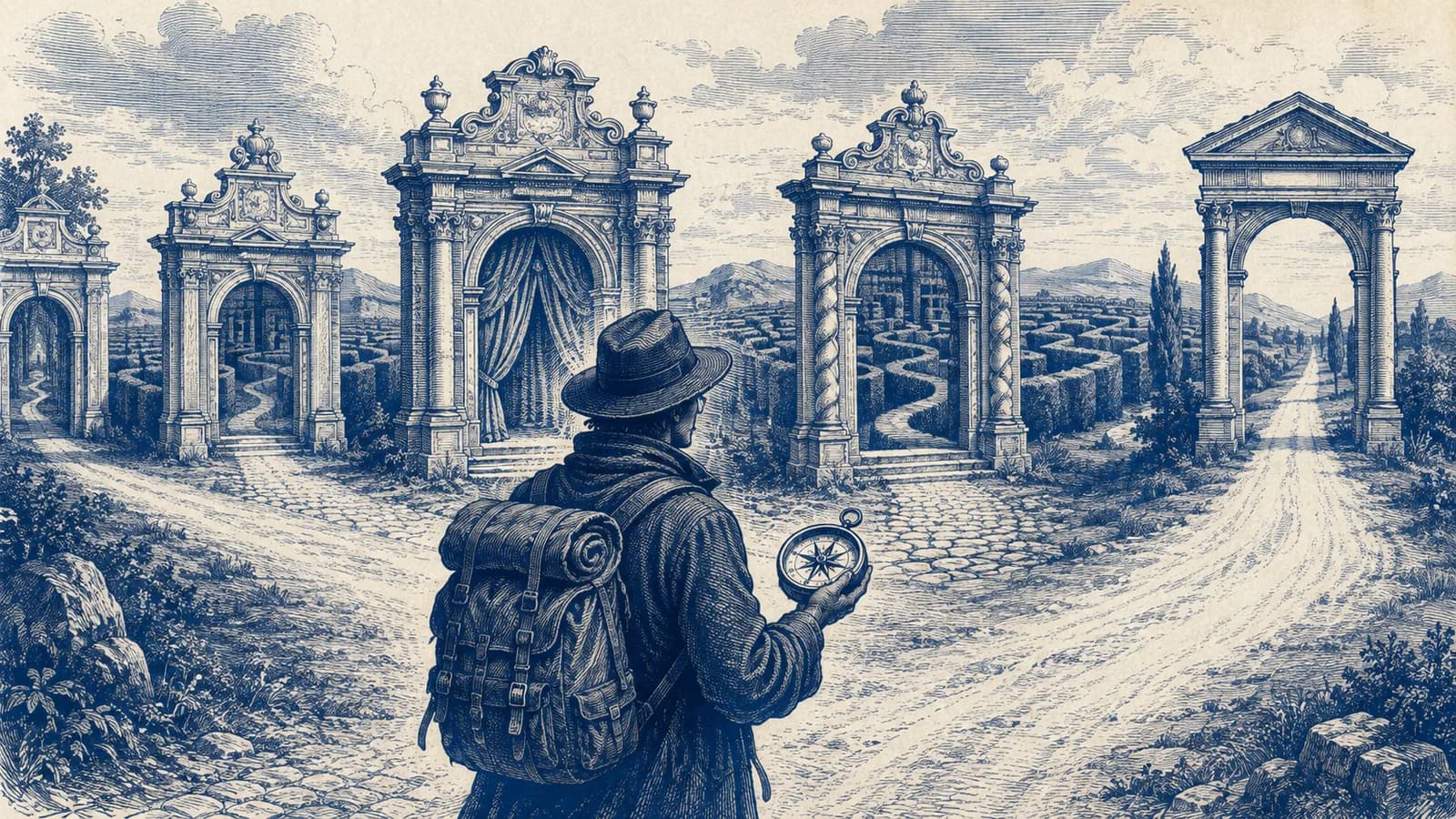 A traveler examines a compass before several impressive but misleading gateways