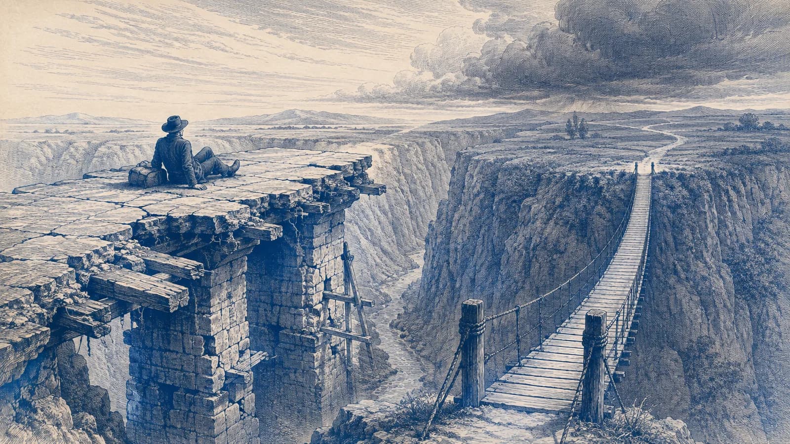 A resting traveler sits unknowingly near the broken edge of an unfinished bridge