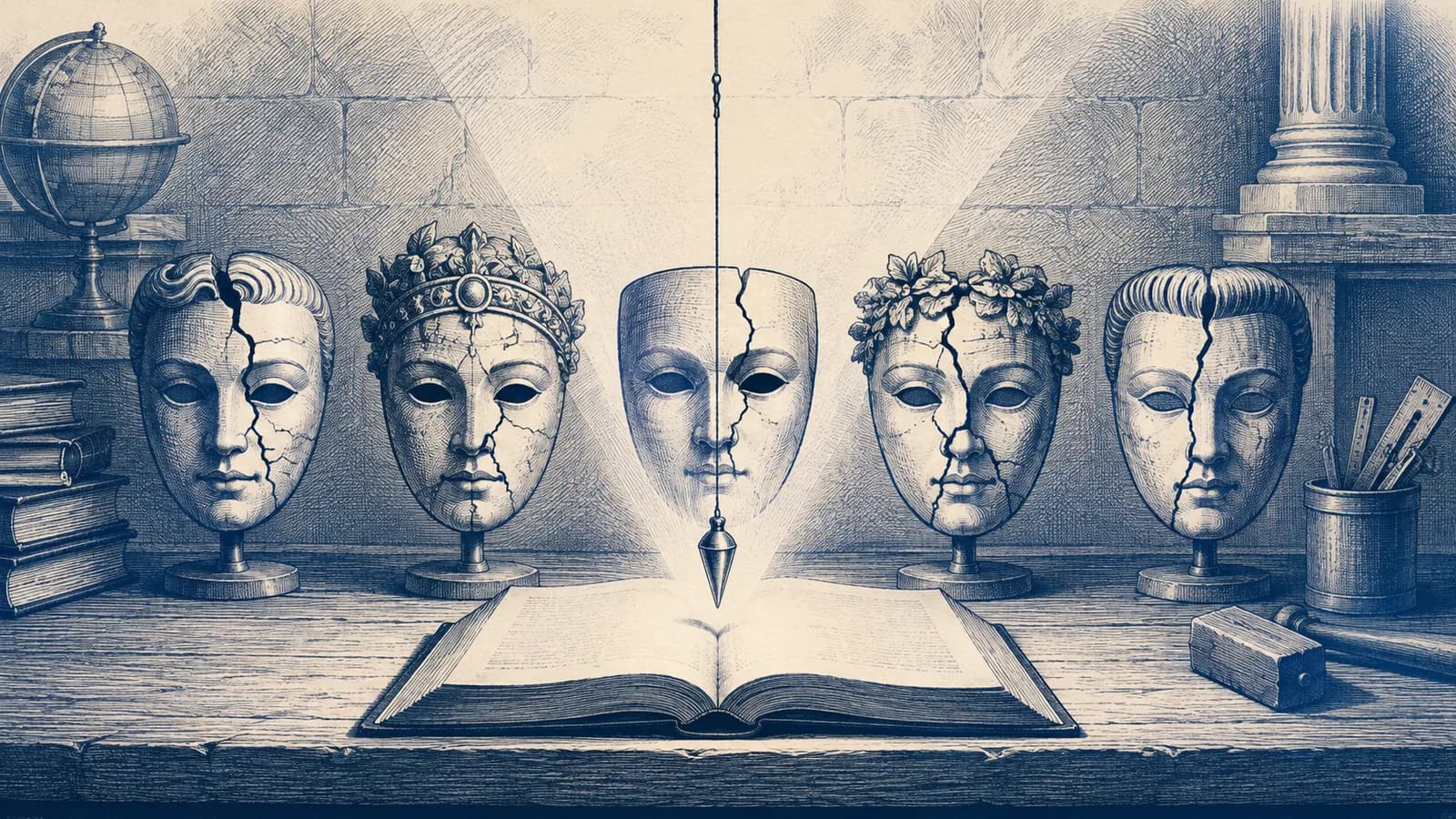 Five cracked masks are exposed above an open book and a testing plumb line
