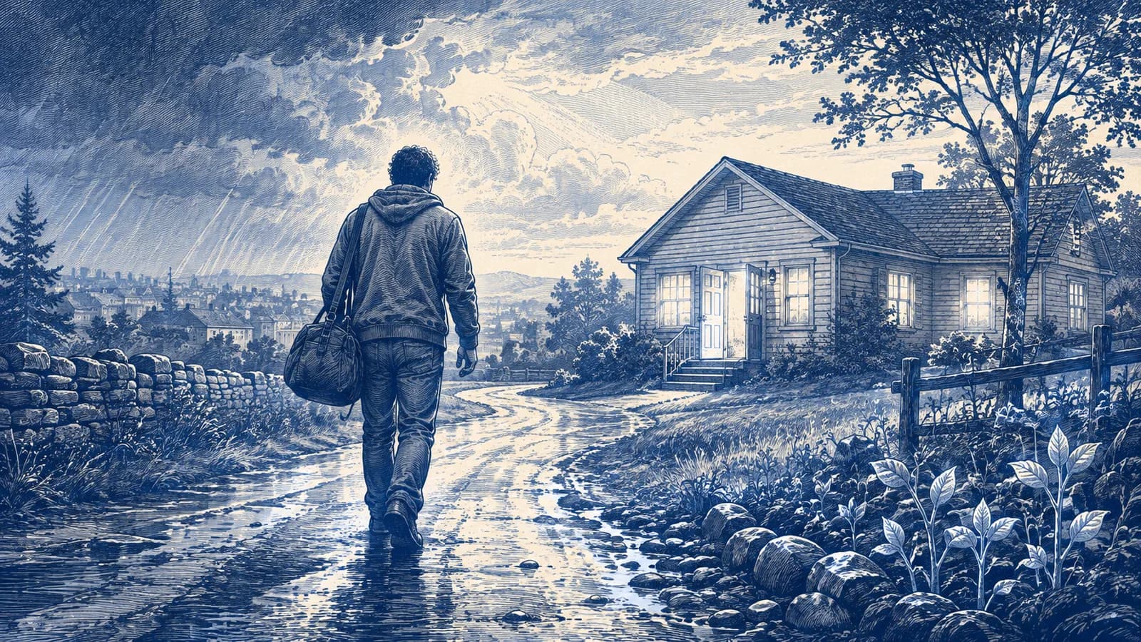 A weary modern traveler returns along a rain-washed road toward an open, lighted home