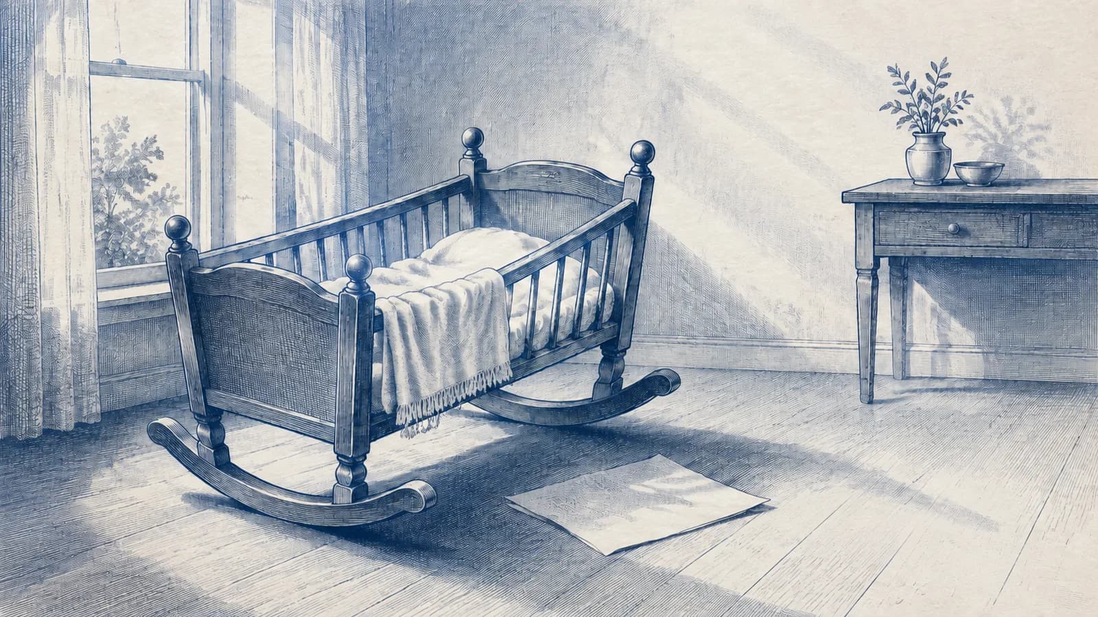 A newborn cradle and untouched sheet of paper rest in clear morning light