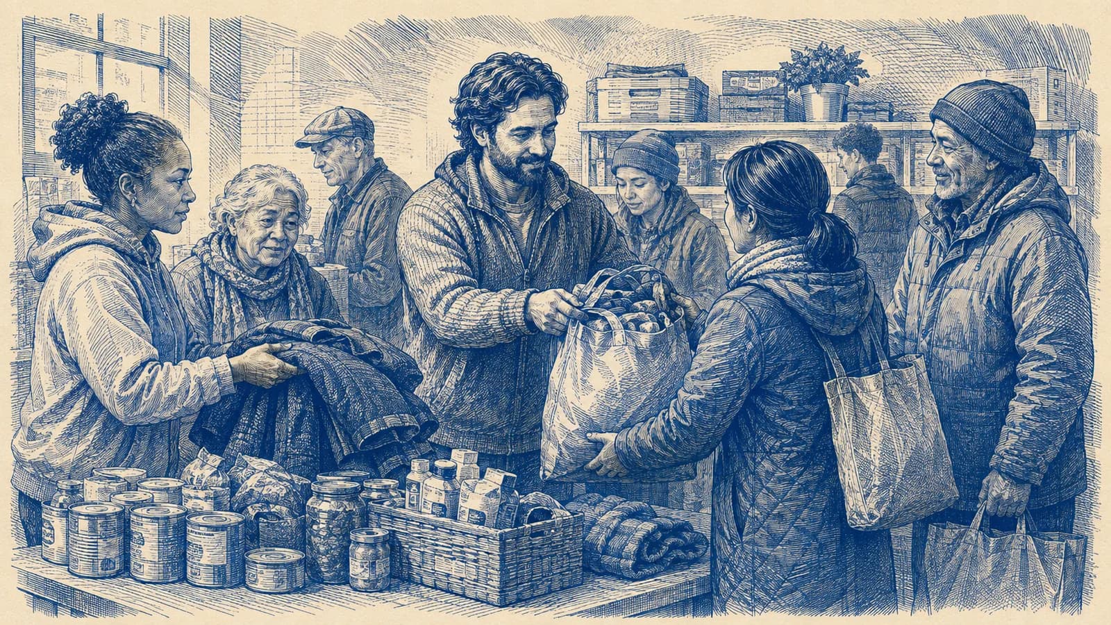 Modern neighbors share groceries and practical supplies across a community table