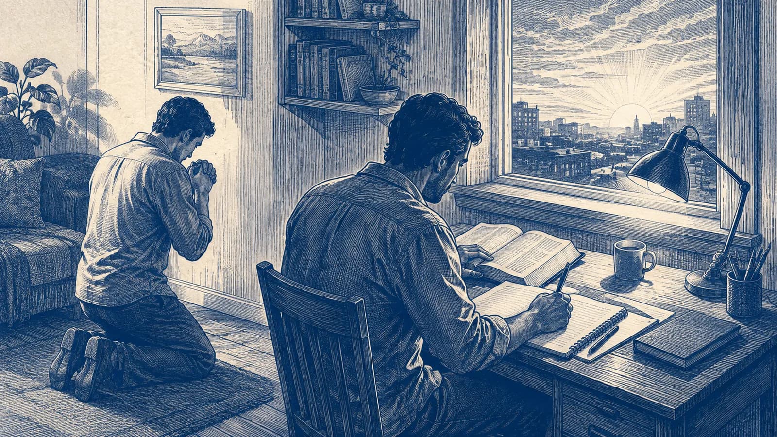 Modern disciples pray and study an open Bible in a quiet room before dawn