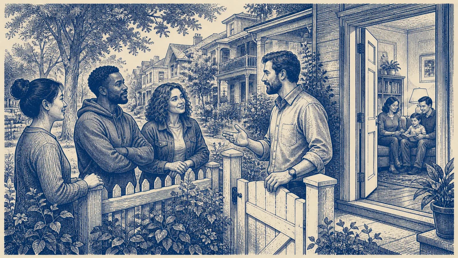 Modern neighbors speak kindly across an open garden fence between their homes
