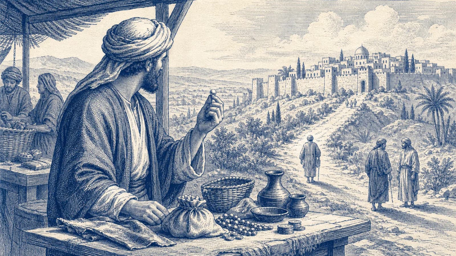 A first-century merchant holds one precious pearl while looking toward a distant city
