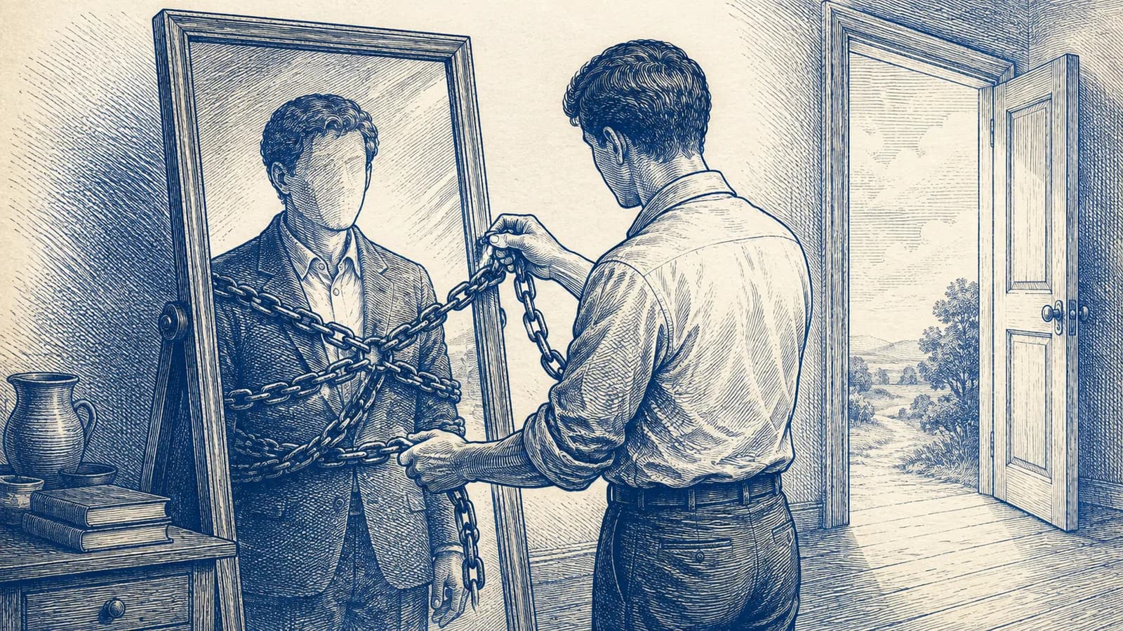 A person removes a chain revealed around their reflection in a mirror