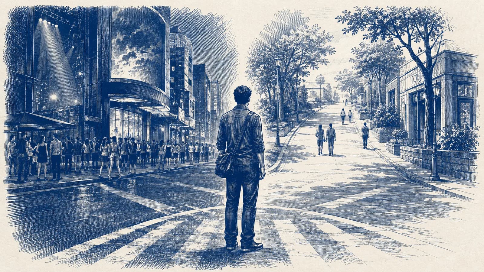 A modern person chooses a quiet street over a crowded entertainment district