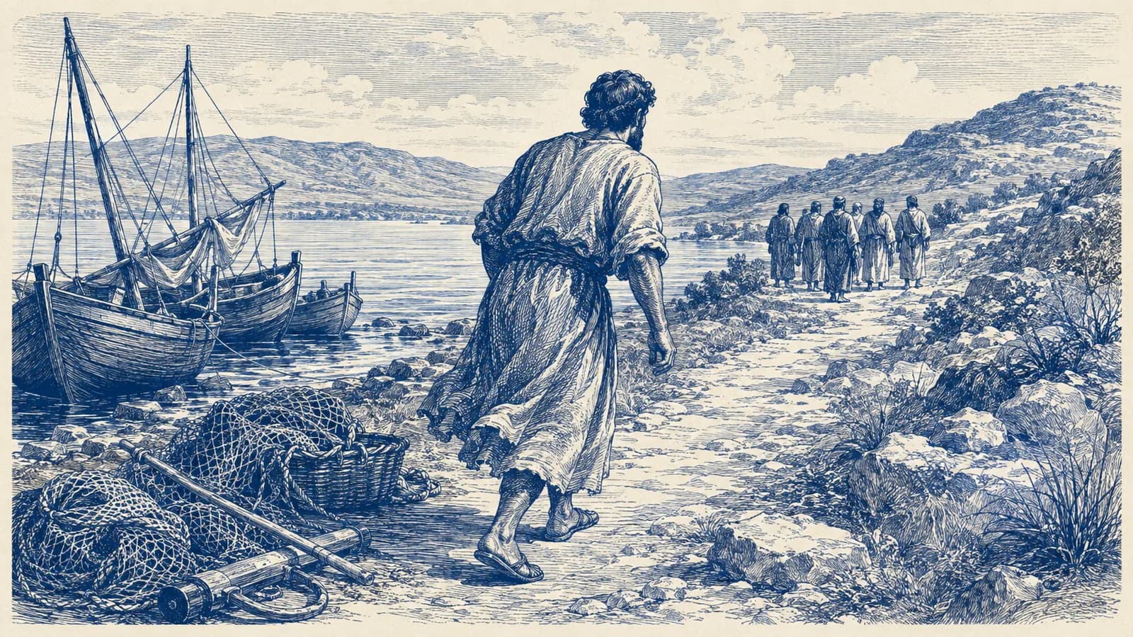 A first-century fisherman leaves his nets to follow disciples along a lakeside path