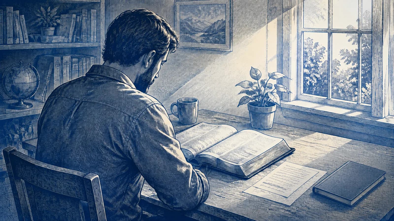A modern reader studies an open Bible and notes beside a window in morning light