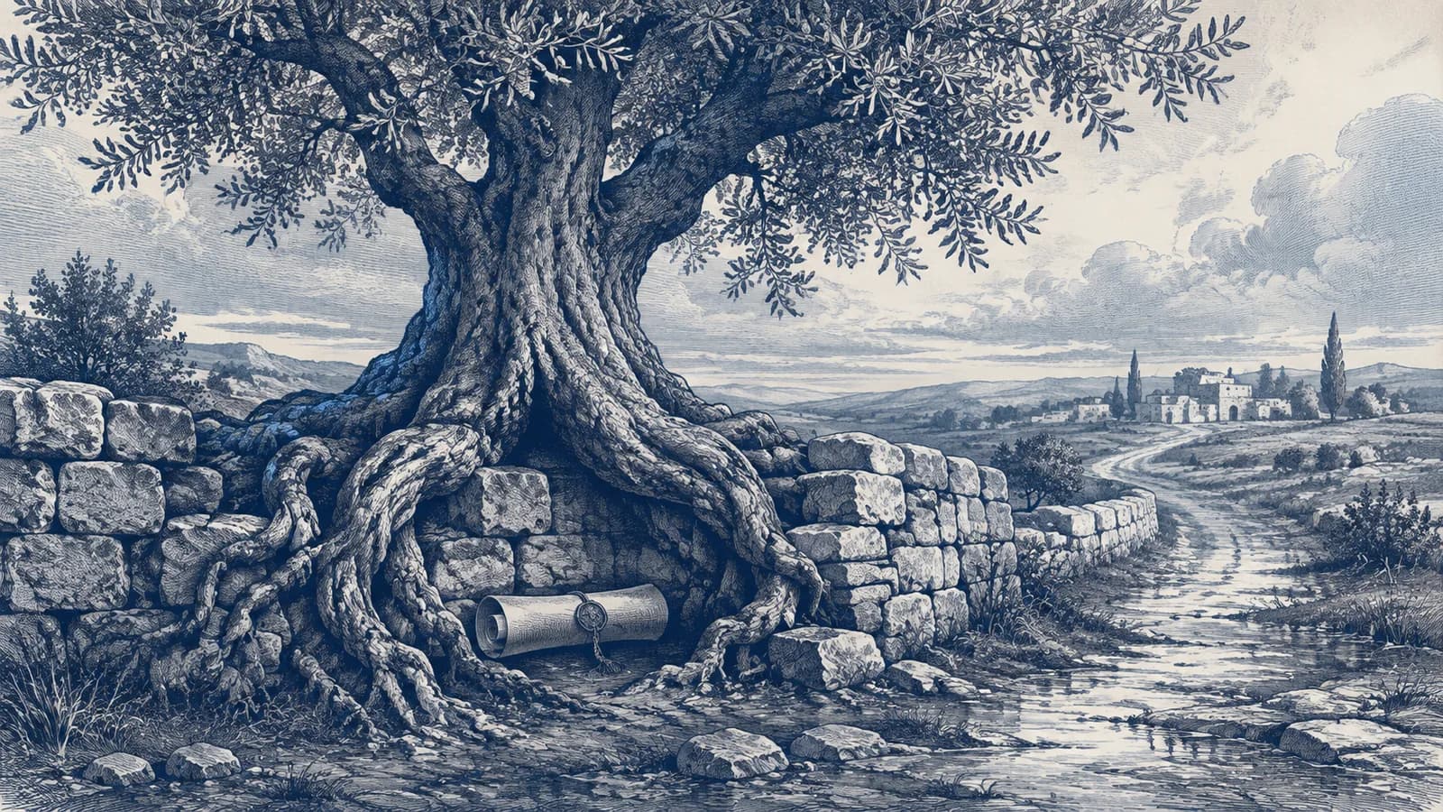 A deeply rooted olive tree grows through a restored stone wall beside a homeward path