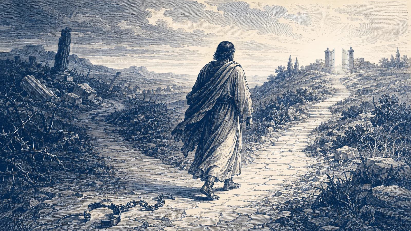 A traveler turns from a thorn-covered road toward a narrow path and an open gate