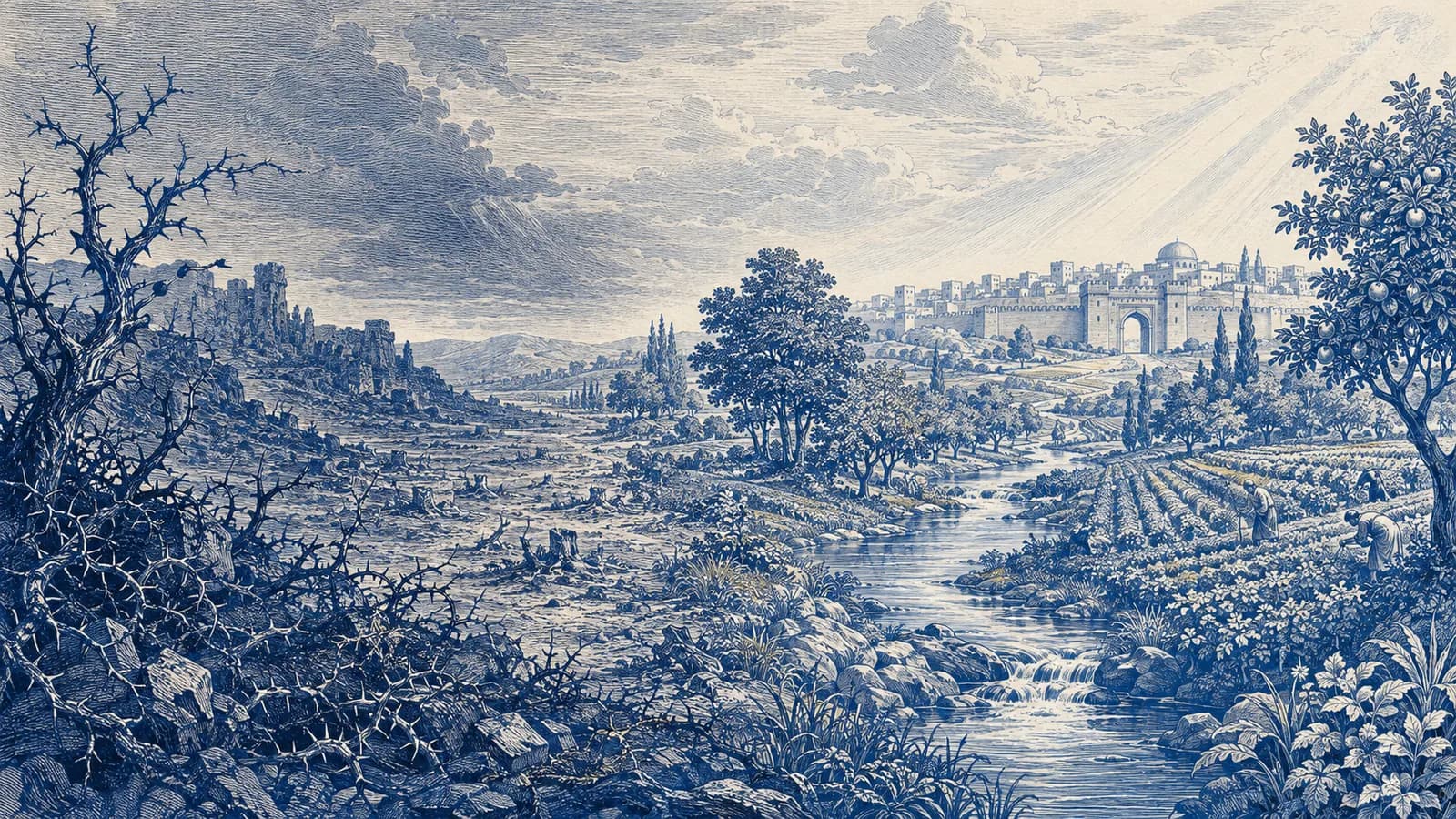 A ruined thorny landscape gives way to a restored garden, cultivated fields, and a peaceful city