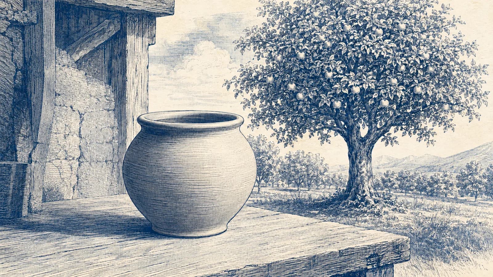 An uncracked clay vessel rests beside a straight and fruitful tree