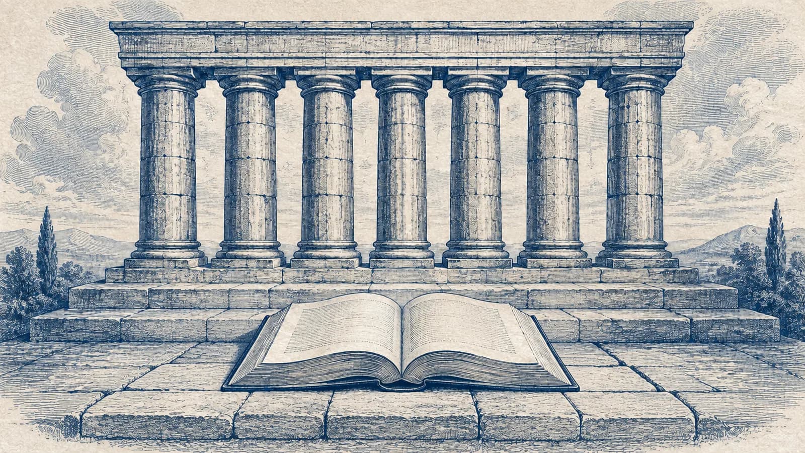 An open book rests on interlocking foundation stones before a row of strong pillars