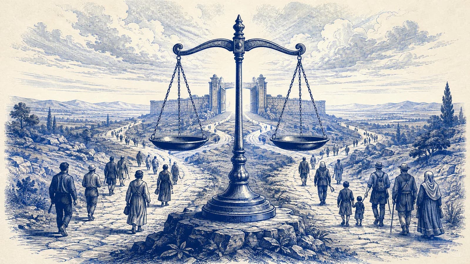 Balanced scales stand where many roads converge toward an open judgment gate
