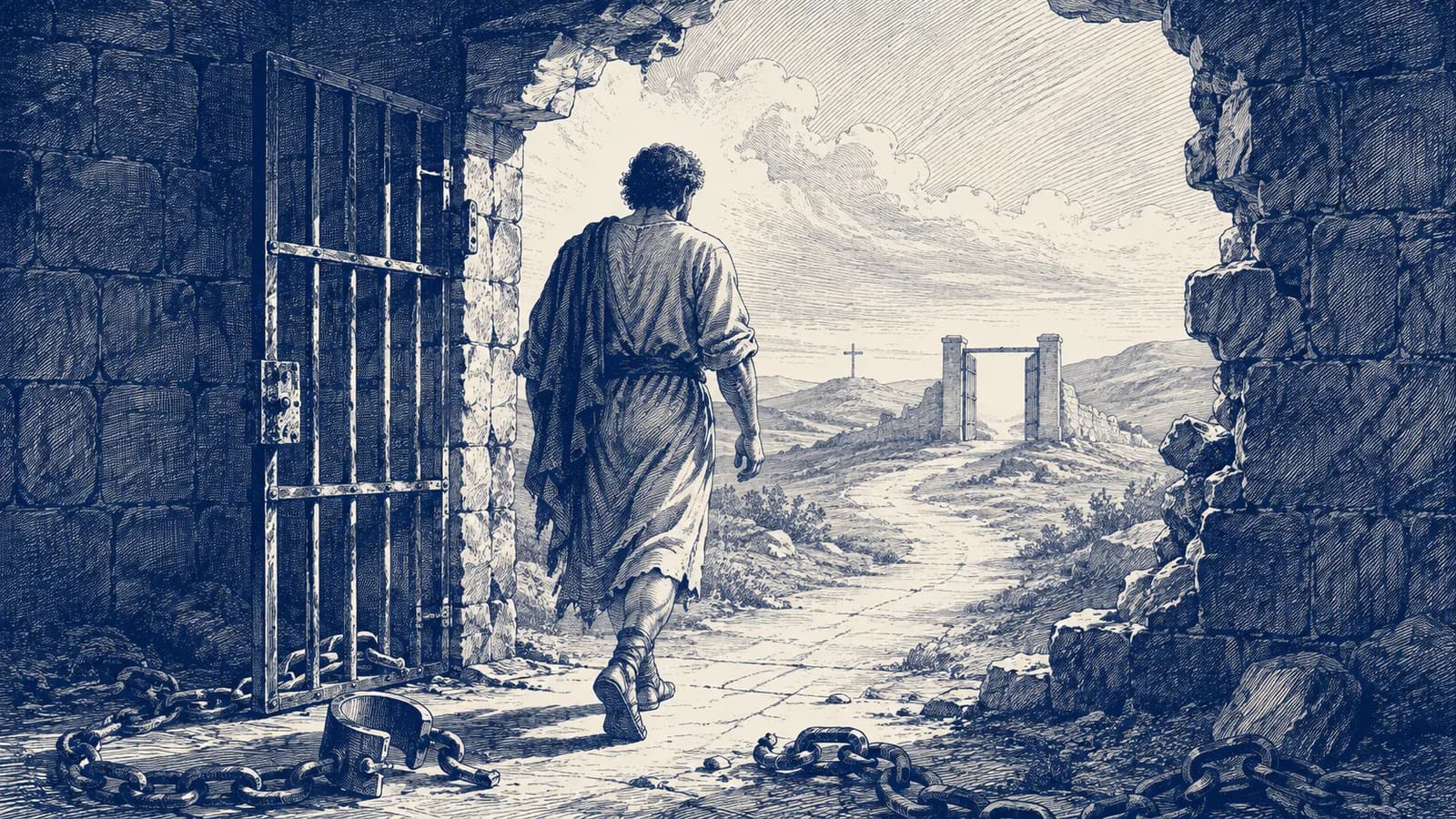 A freed traveler leaves broken chains and a prison doorway for a clear path toward an open gate