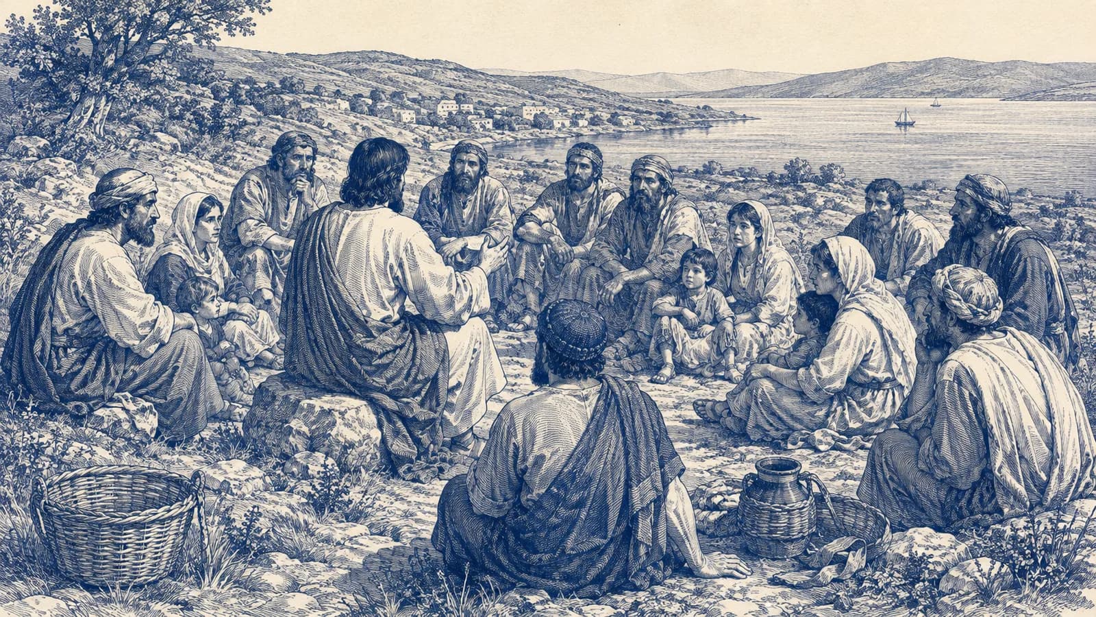 A first-century hillside gathering listens attentively as Jesus teaches among them