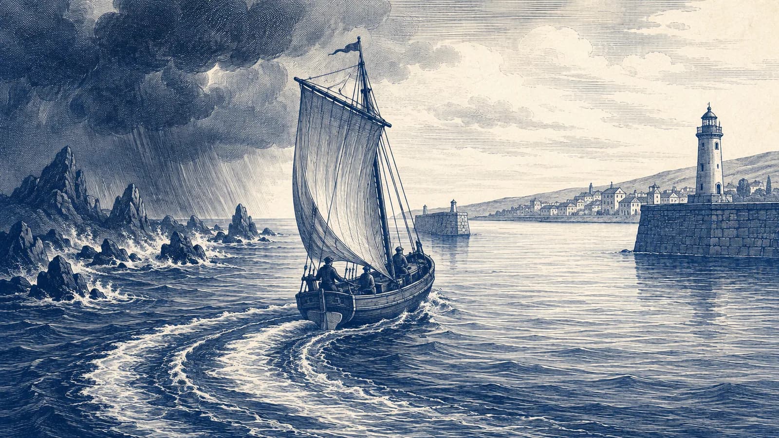 A sailing vessel turns decisively away from stormy reefs toward a clear harbor