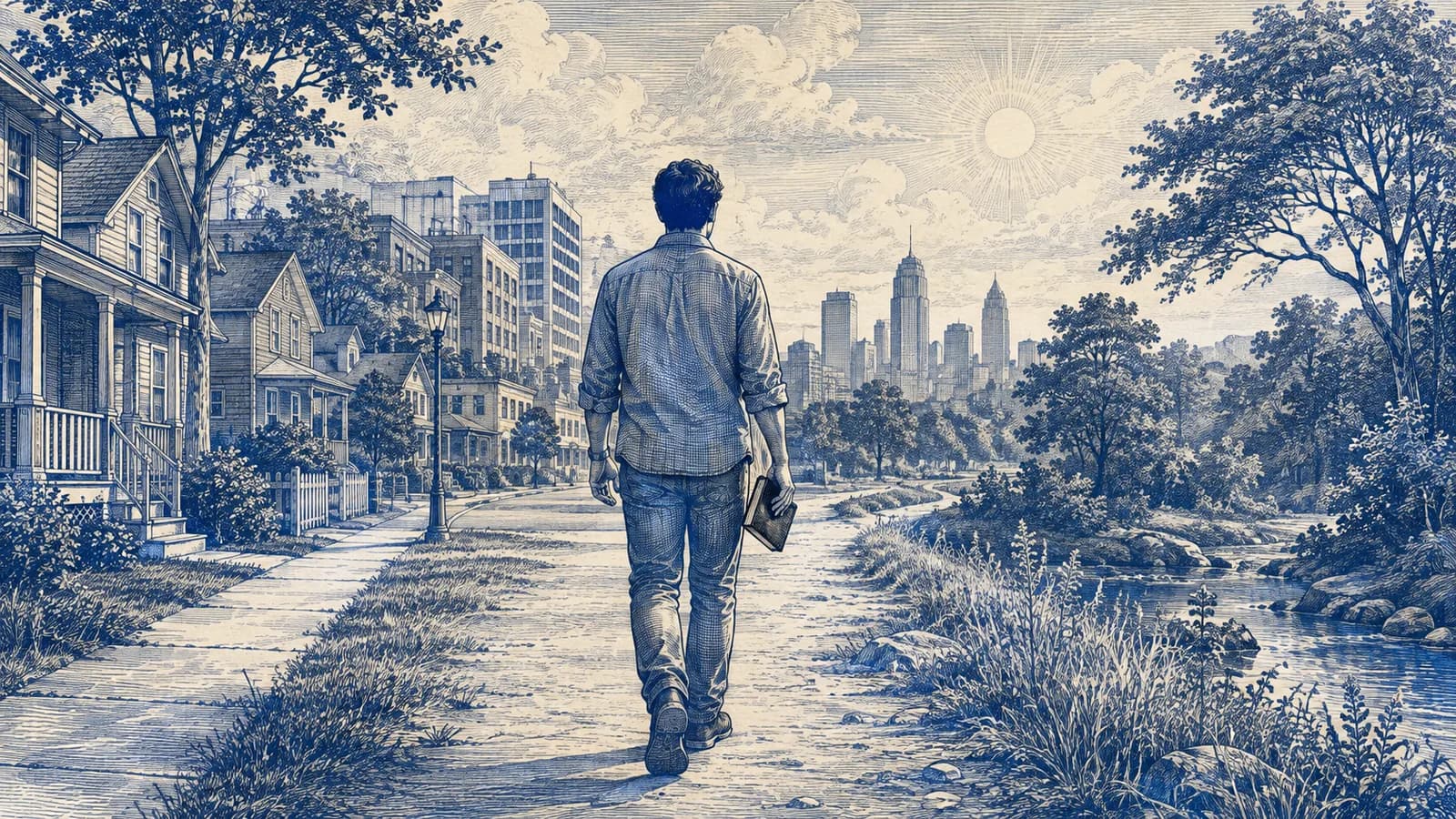 A modern person follows one continuous path through a neighborhood, city, and quiet park
