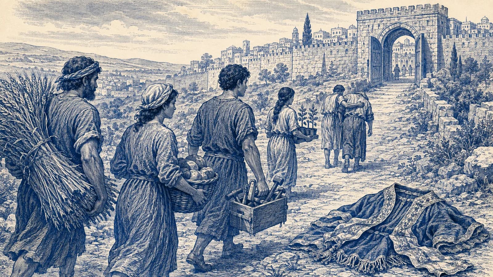 Faithful workers carry the fruit of their labor and help a neighbor while approaching an open city gate
