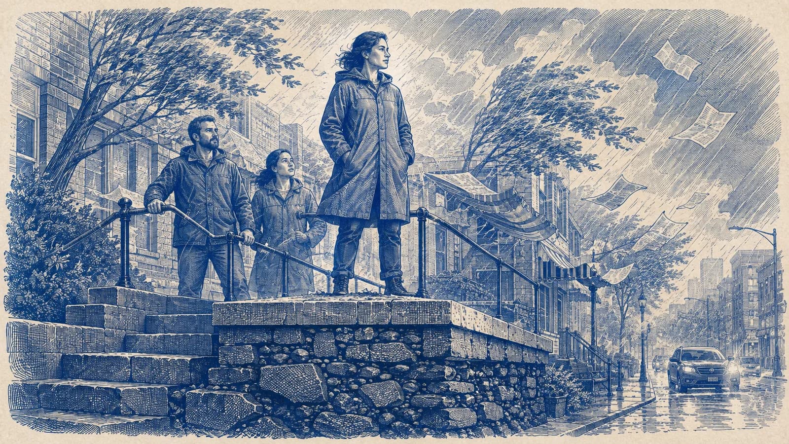 A modern person and supportive companions stand securely on a firm foundation during a city storm
